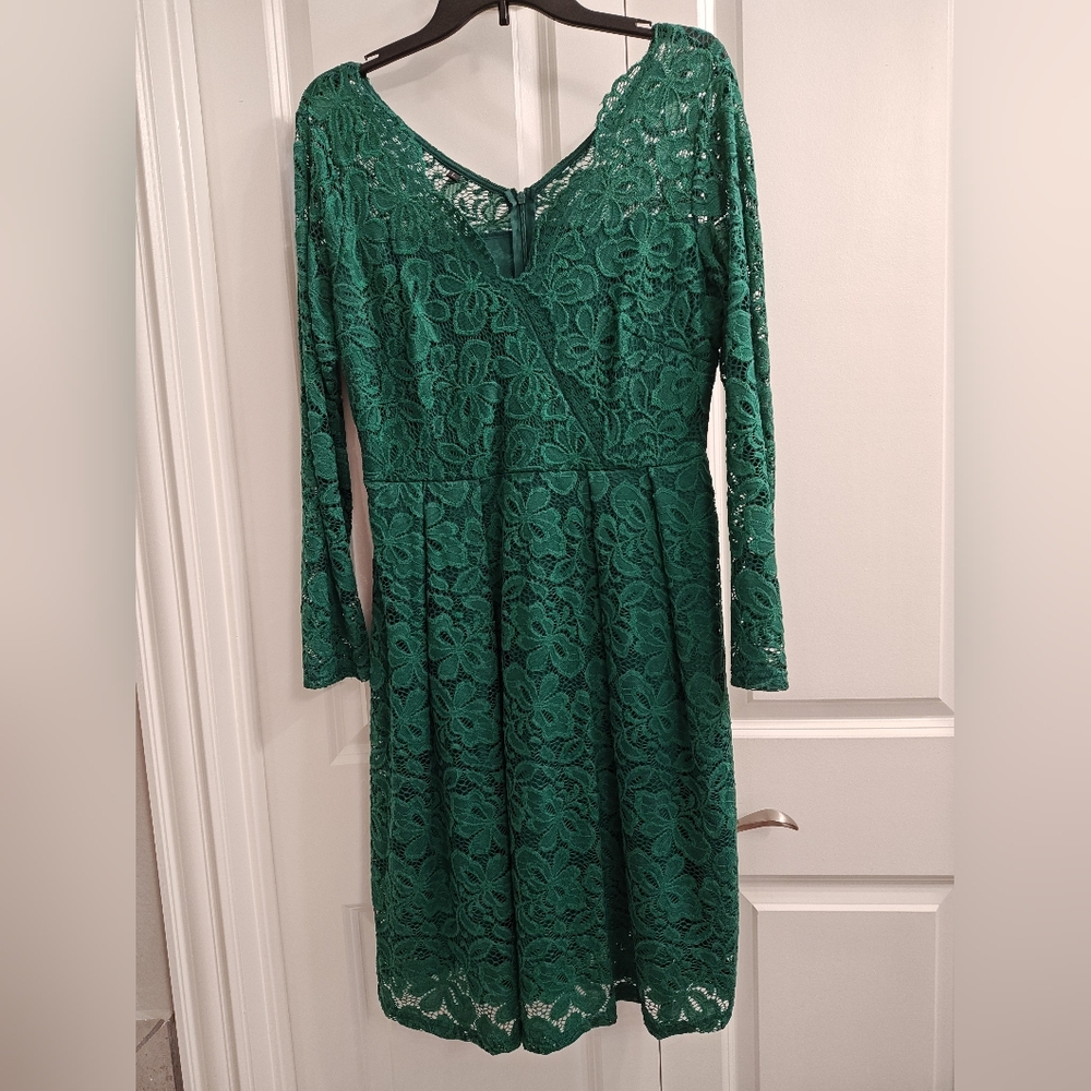 Elegant Green Floral Lace Long Sleeve Party Dress,Size Large. A Line Silhouette.